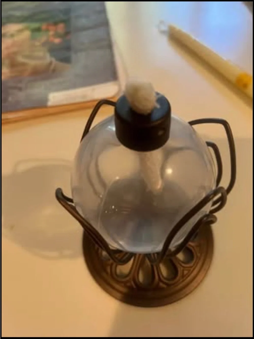 Vintage glass globe tabletop torch/ oil lamp, open flame top, beautiful unique